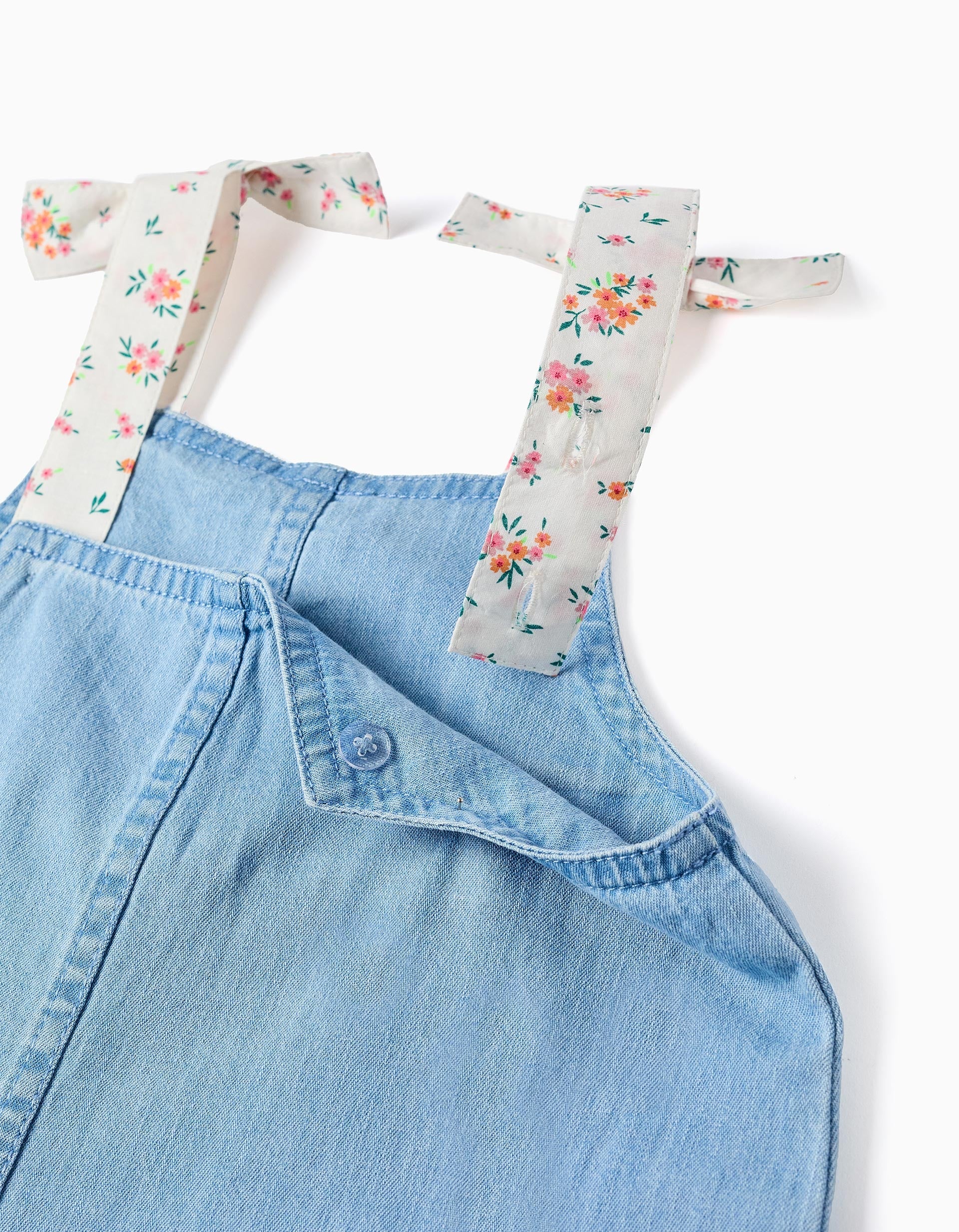 Sleeveless denim playsuit with floral straps for girls, light blue