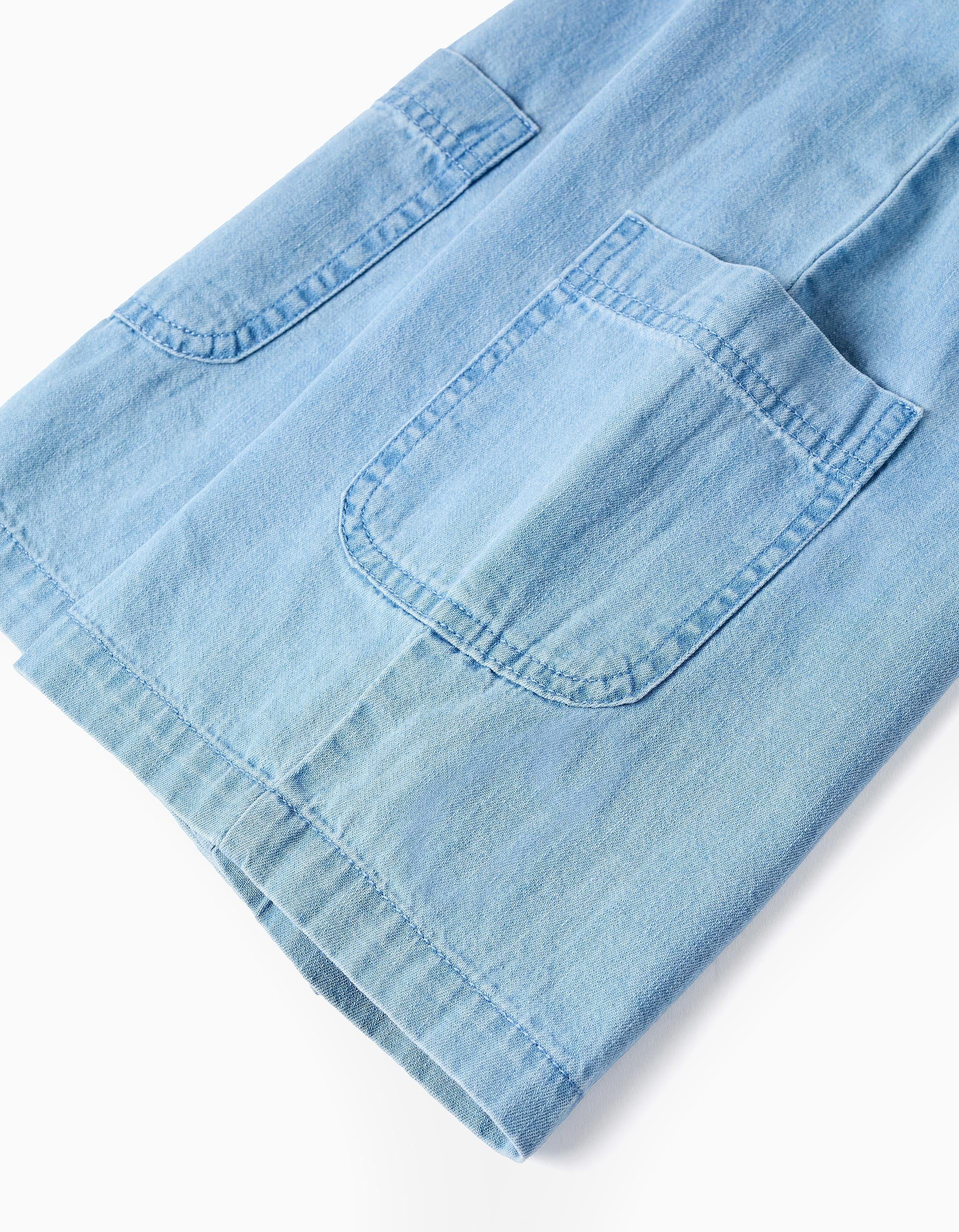 Sleeveless denim playsuit with floral straps for girls, light blue