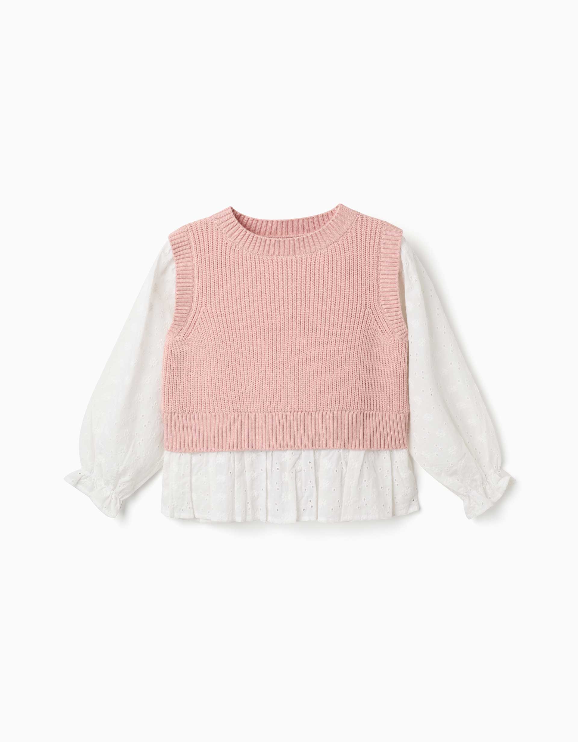 Dual-fabric jumper for girls, white/light pink