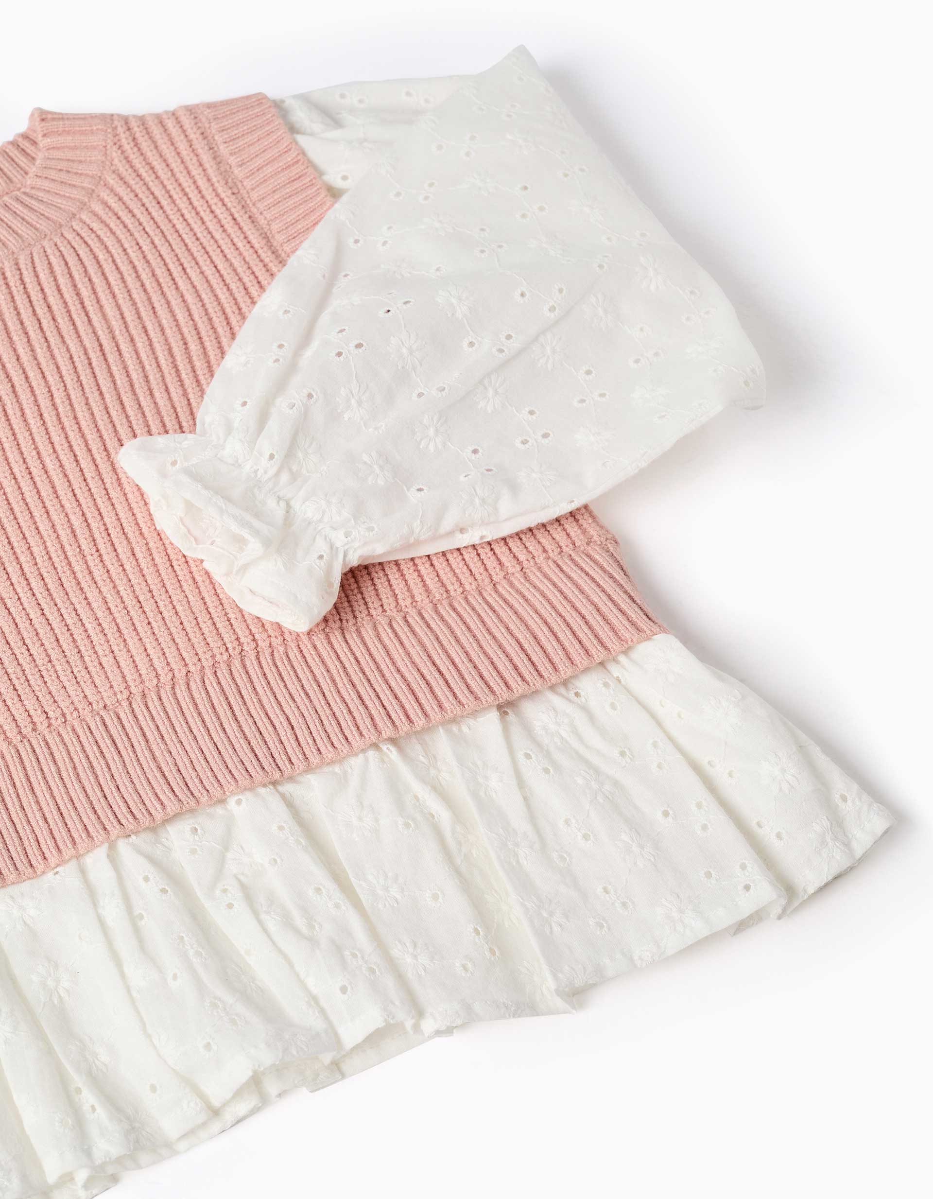 Dual-fabric jumper for girls, white/light pink