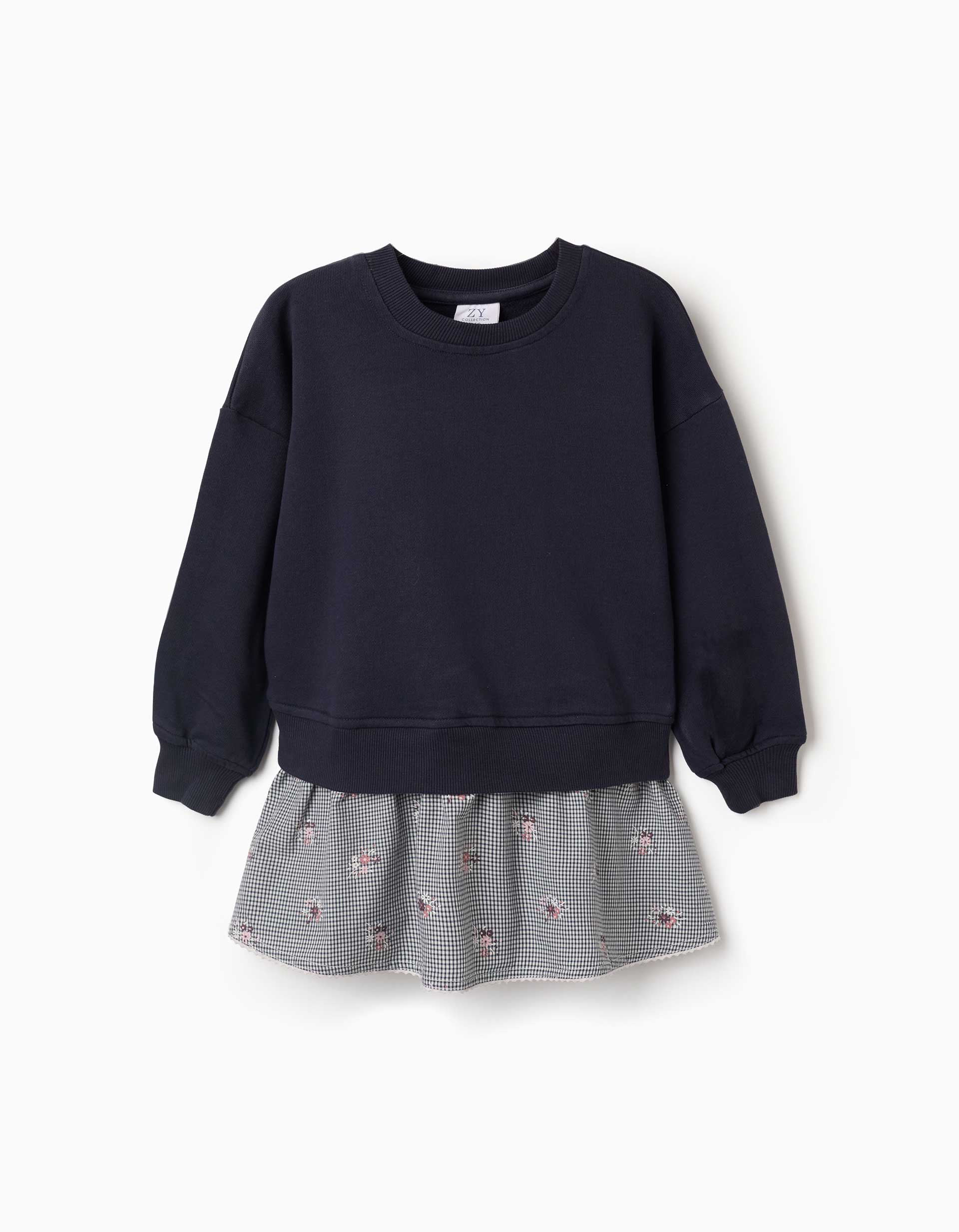 Dual-fabric cotton dress with gingham pattern for girls, navy blue