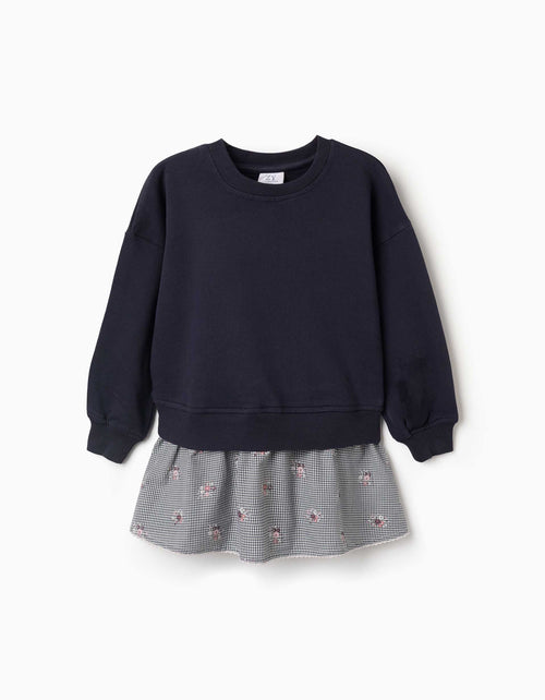 Dual-fabric cotton dress with gingham pattern for girls, navy blue