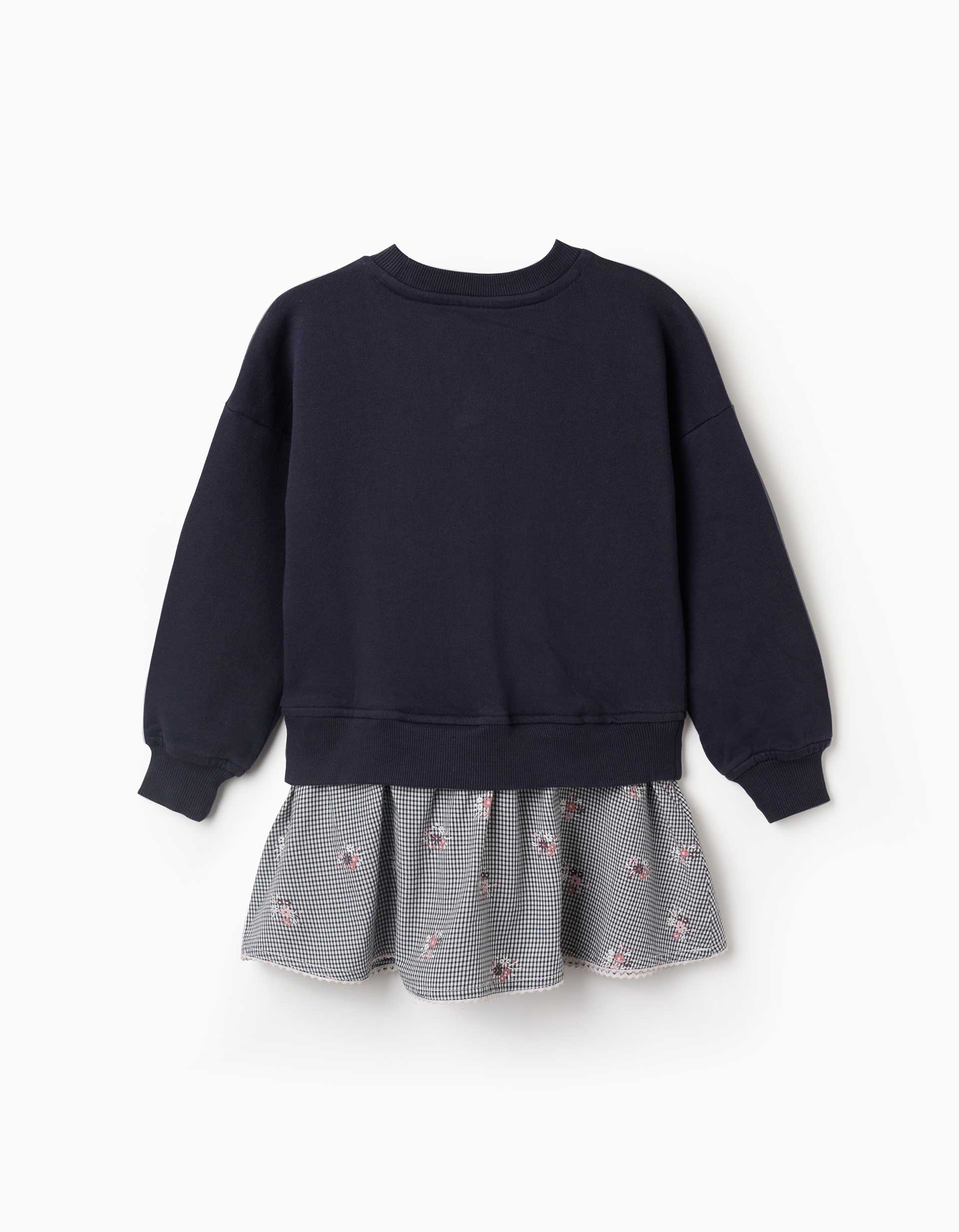 Dual-fabric cotton dress with gingham pattern for girls, navy blue