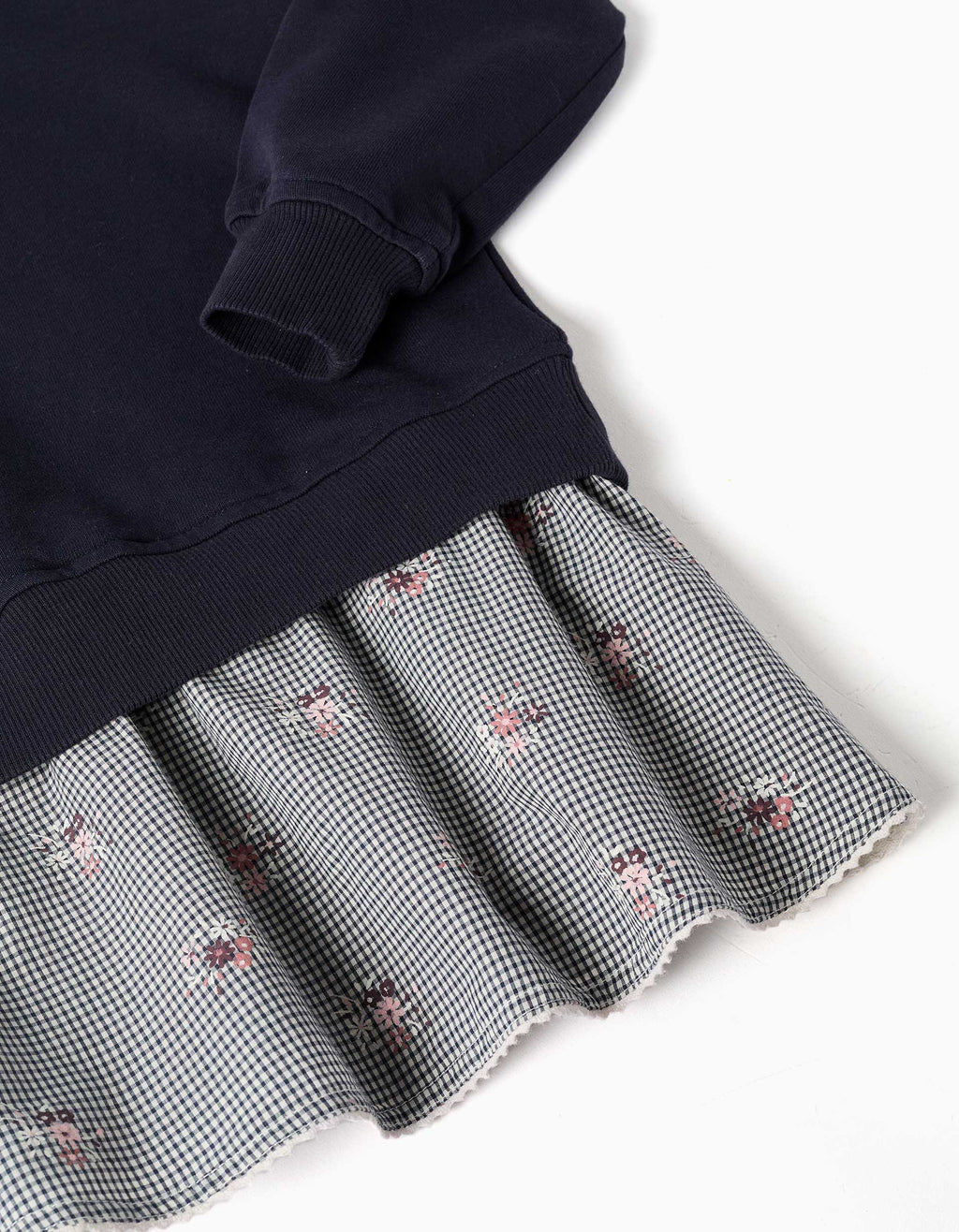 Dual-fabric cotton dress with gingham pattern for girls, navy blue