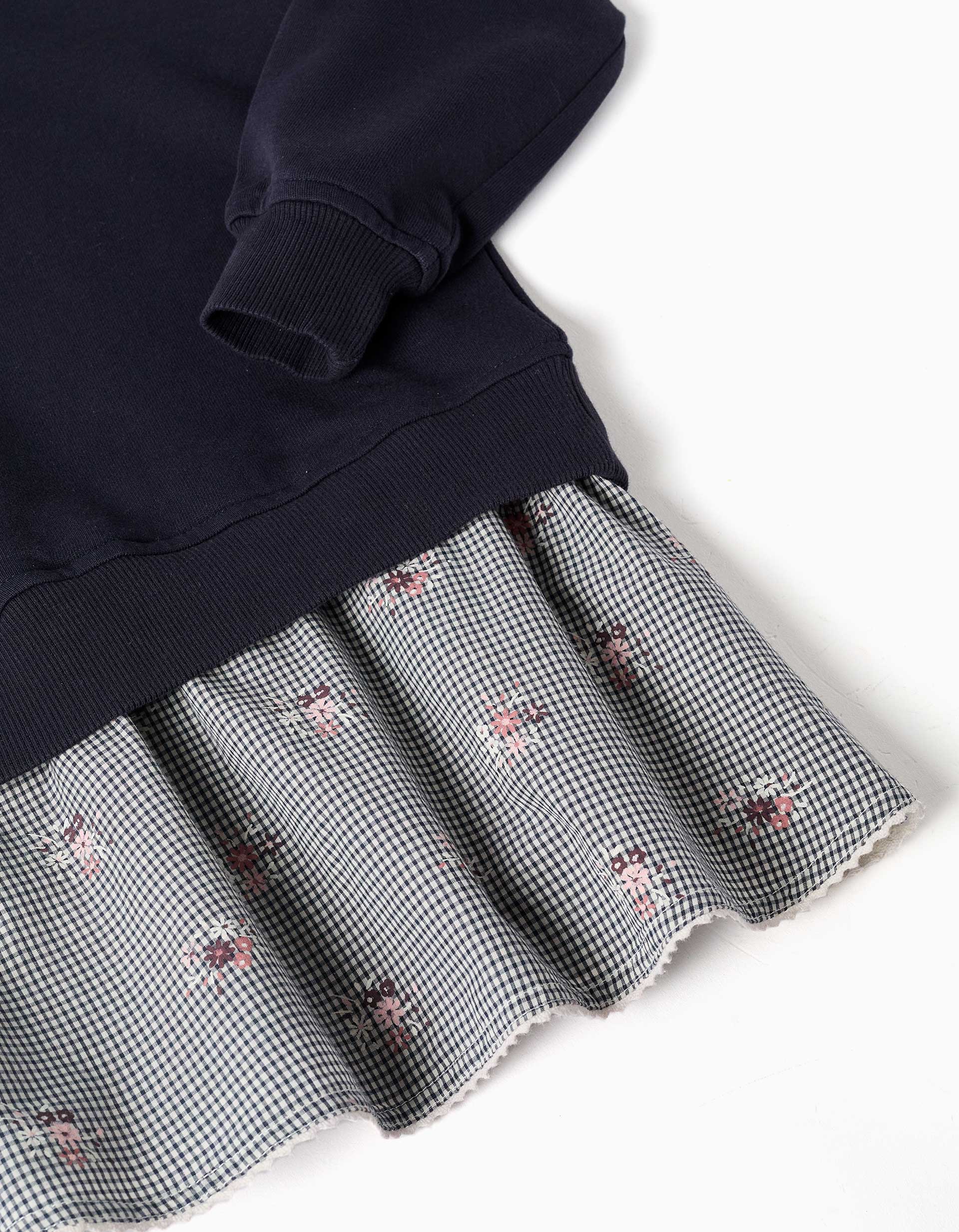 Dual-fabric cotton dress with gingham pattern for girls, navy blue