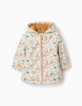 Padded rubber parka with hood and print for baby boys, white
