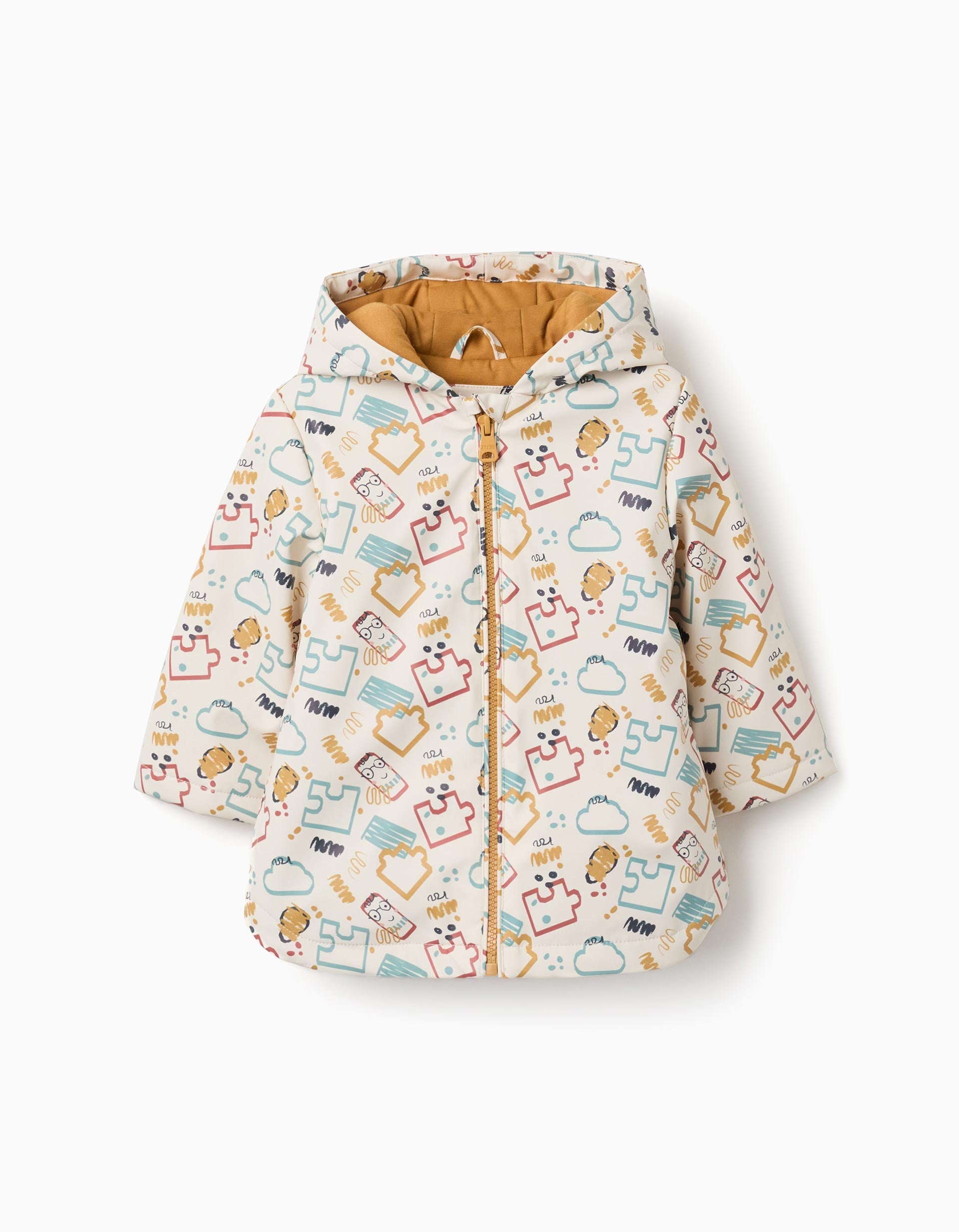 Padded rubber parka with hood and print for baby boys, white