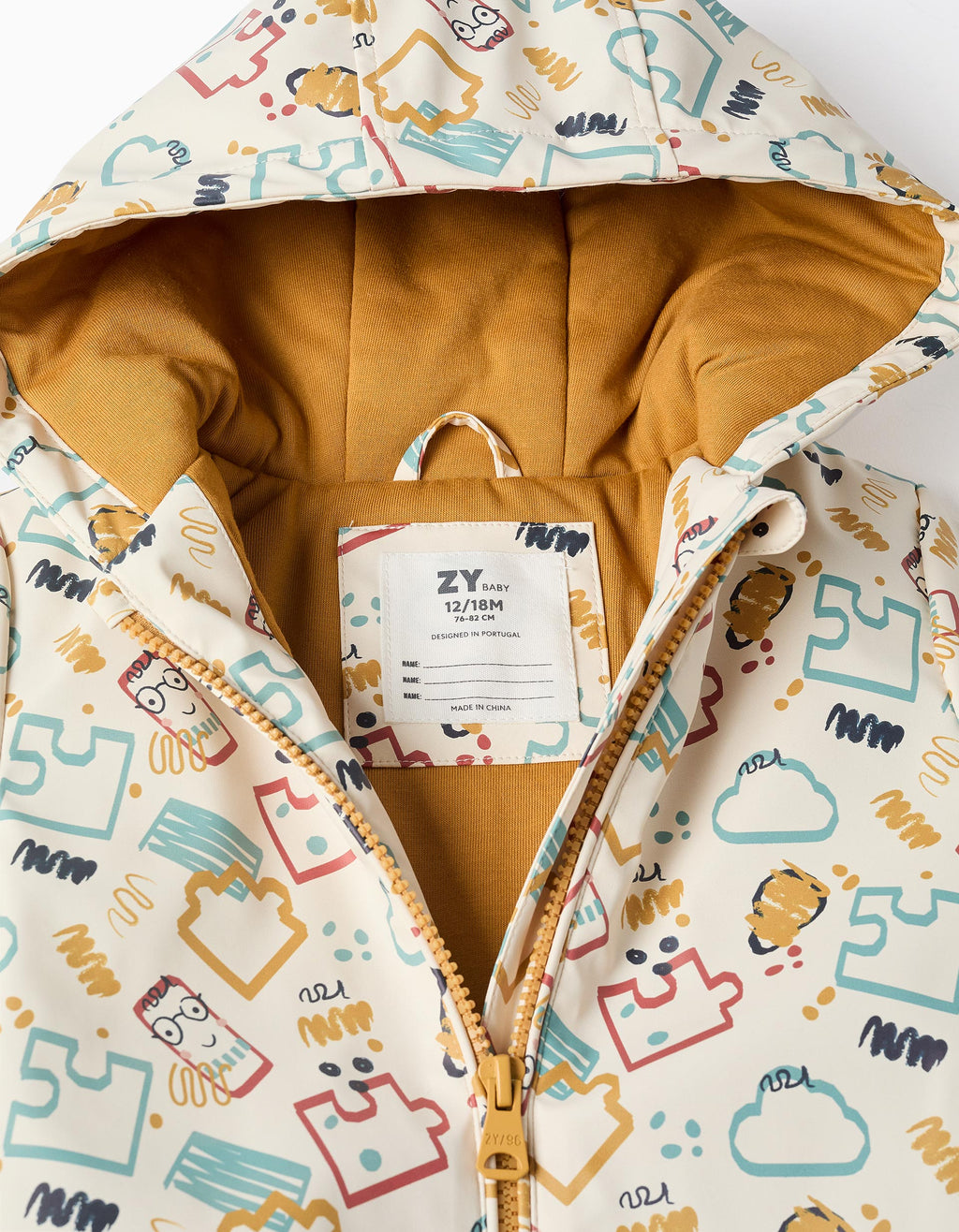 Padded rubber parka with hood and print for baby boys, white
