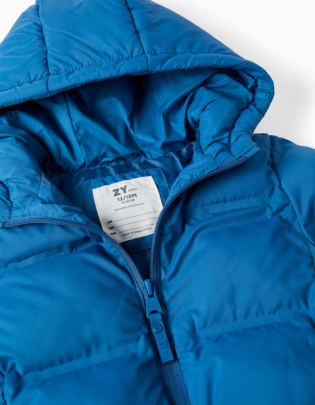 Hooded thermal quilted jacket with pockets for baby boys, blue