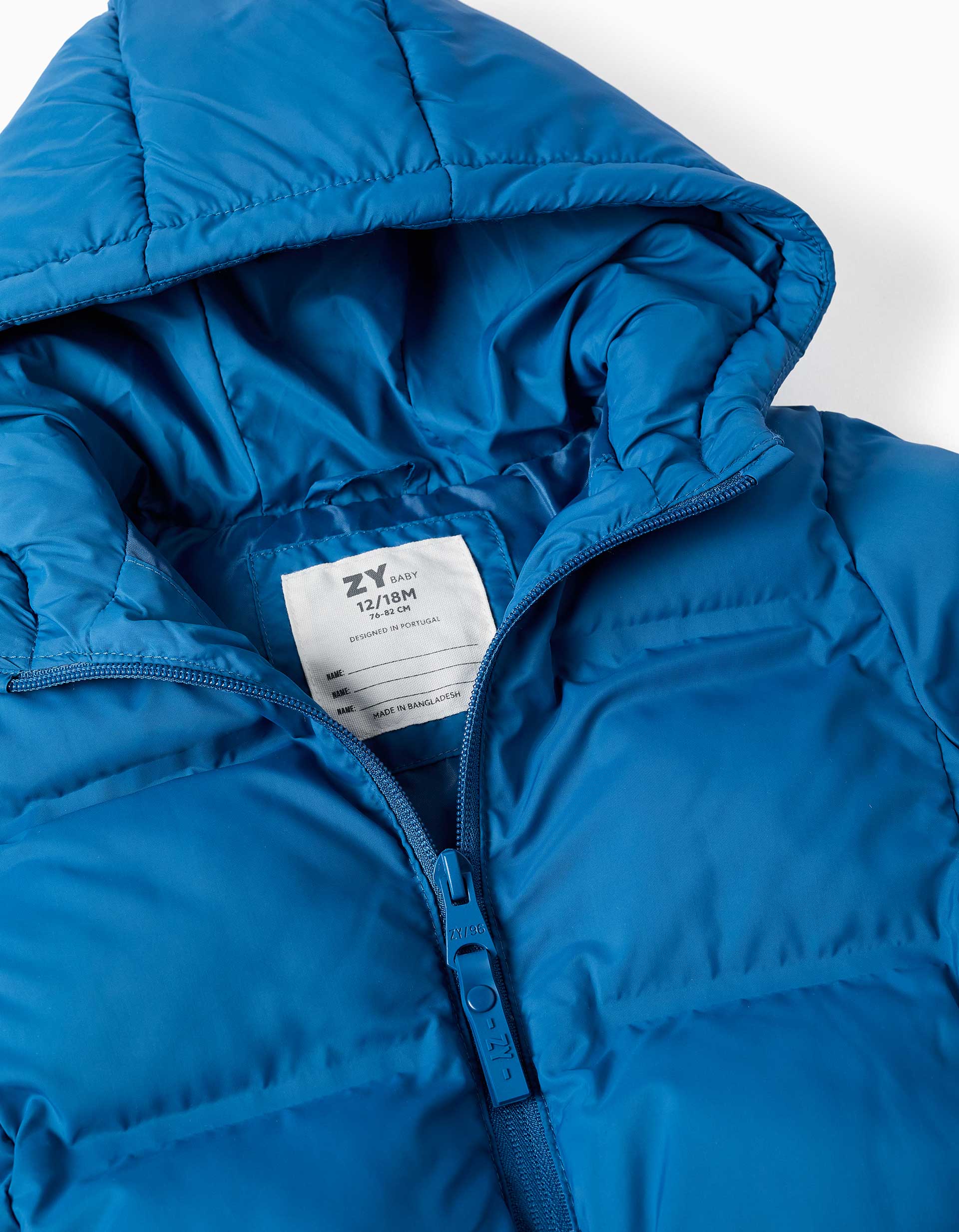Hooded thermal quilted jacket with pockets for baby boys, blue
