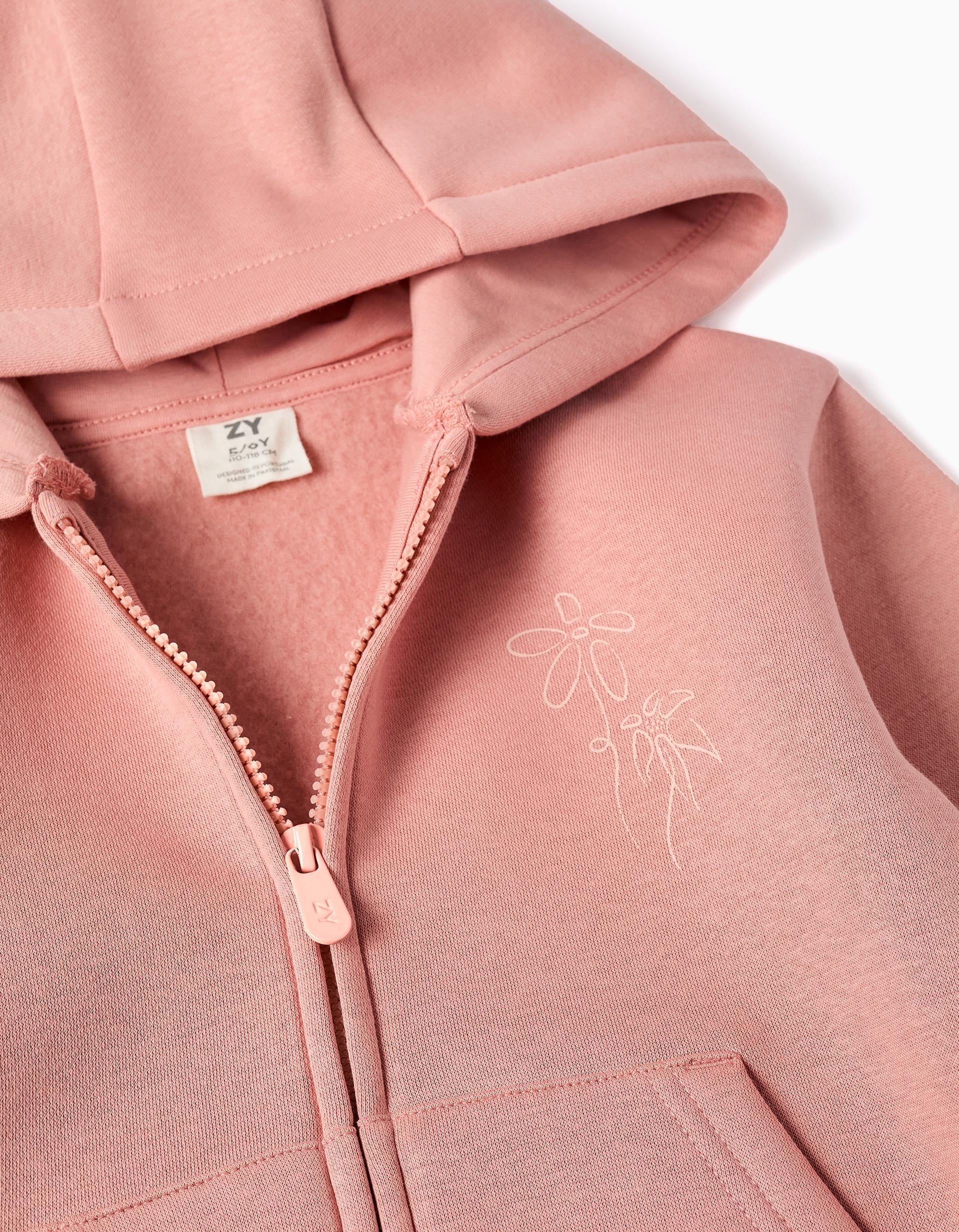 Brushed hooded jacket with floral prints for girls, dusty pink