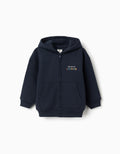 Navy Blue Brushed Hooded Jacket with Print for Boys