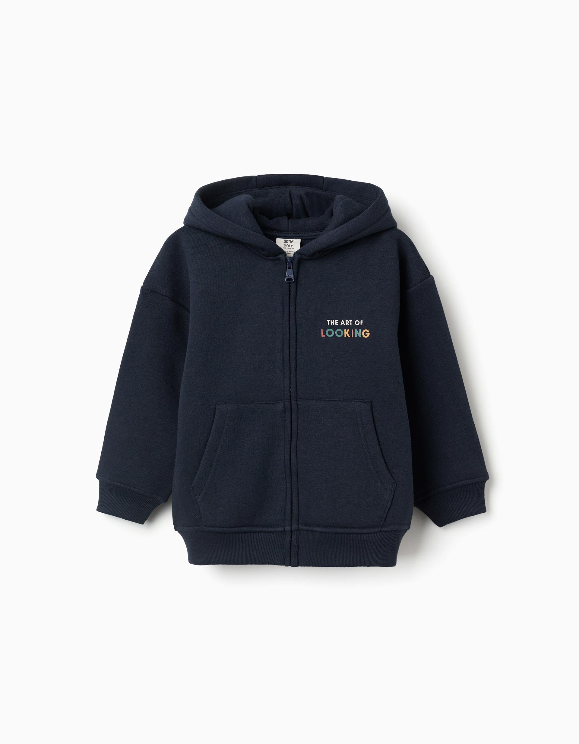 Navy Blue Brushed Hooded Jacket with Print for Boys