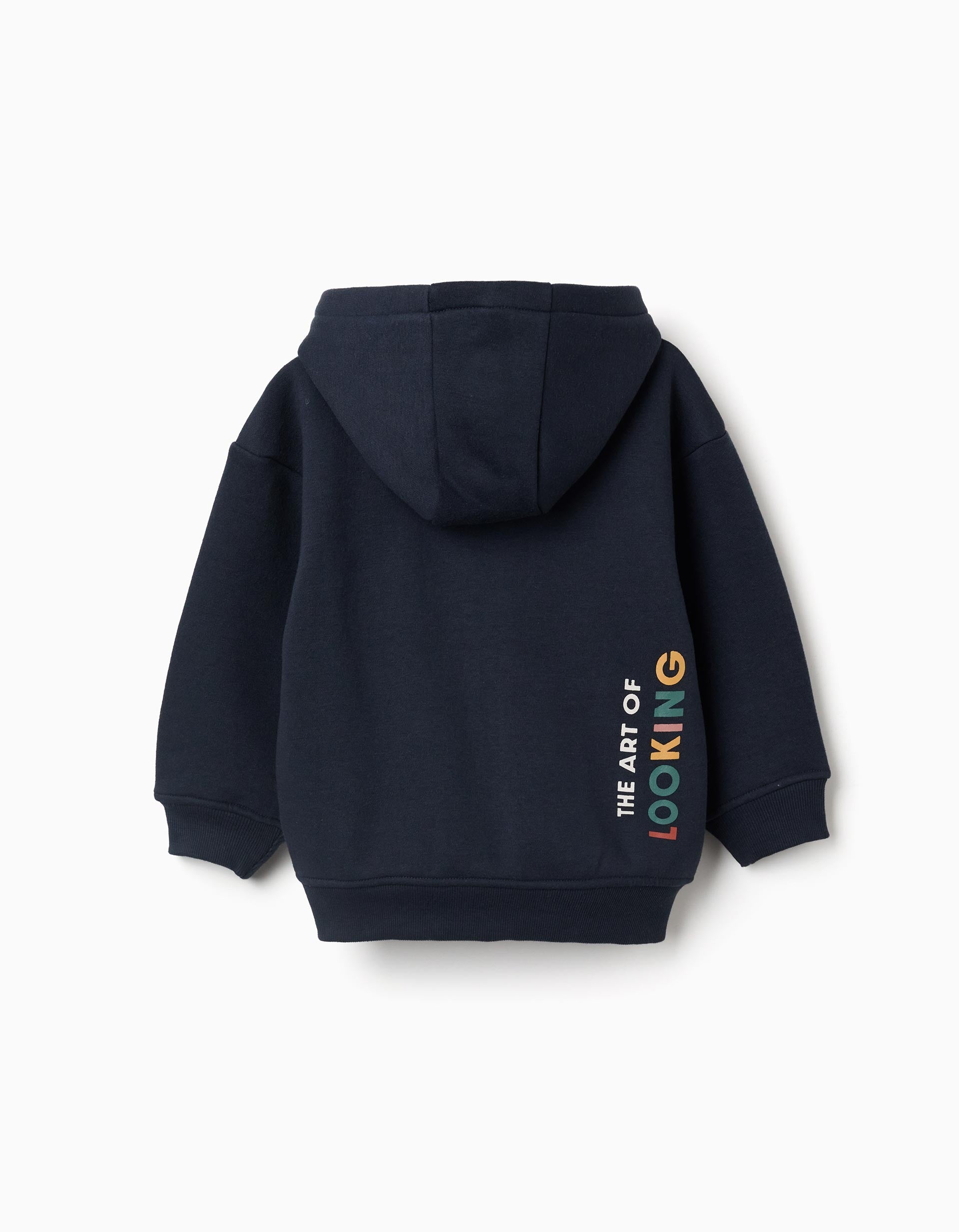 Navy Blue Brushed Hooded Jacket with Print for Boys