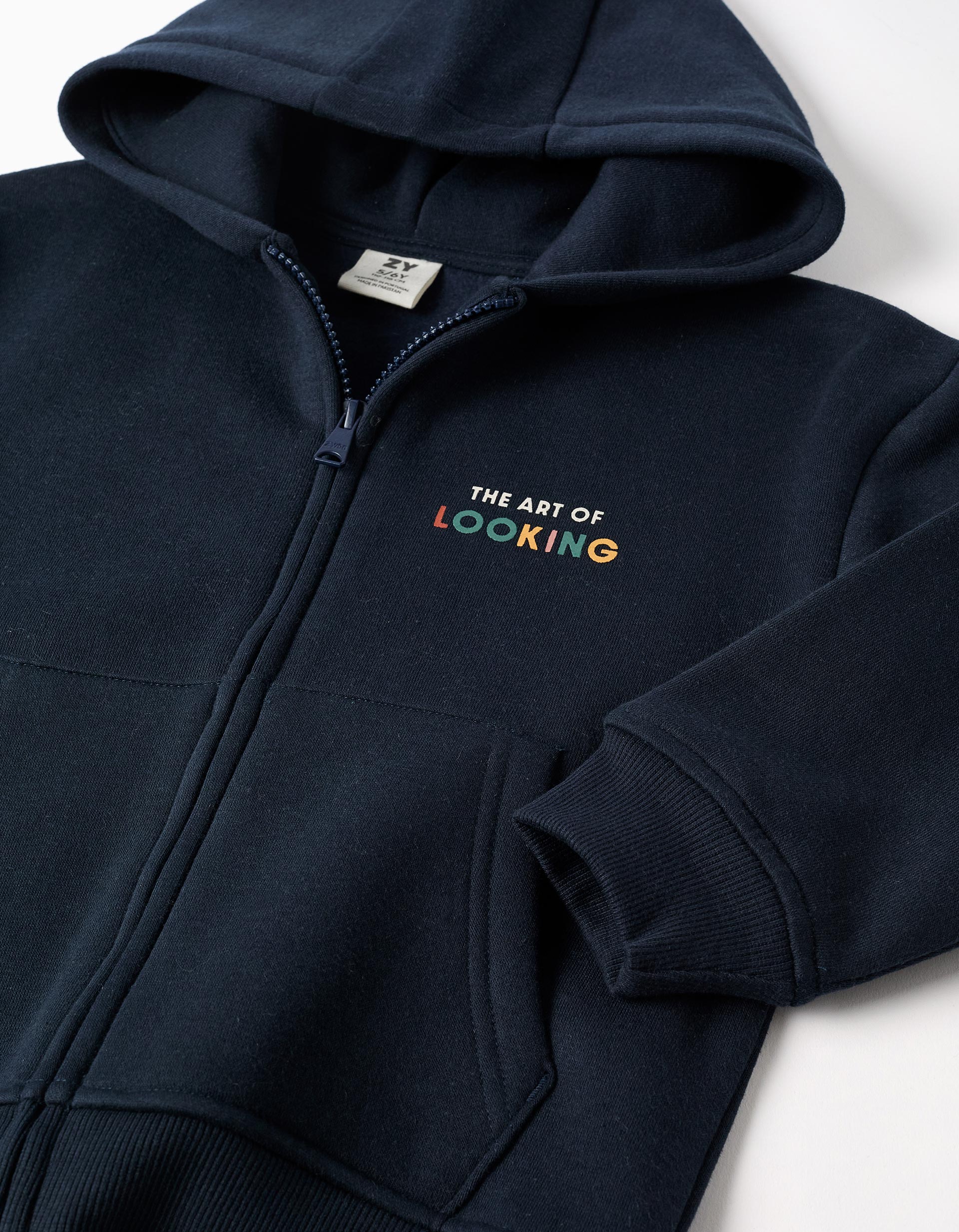 Navy Blue Brushed Hooded Jacket with Print for Boys