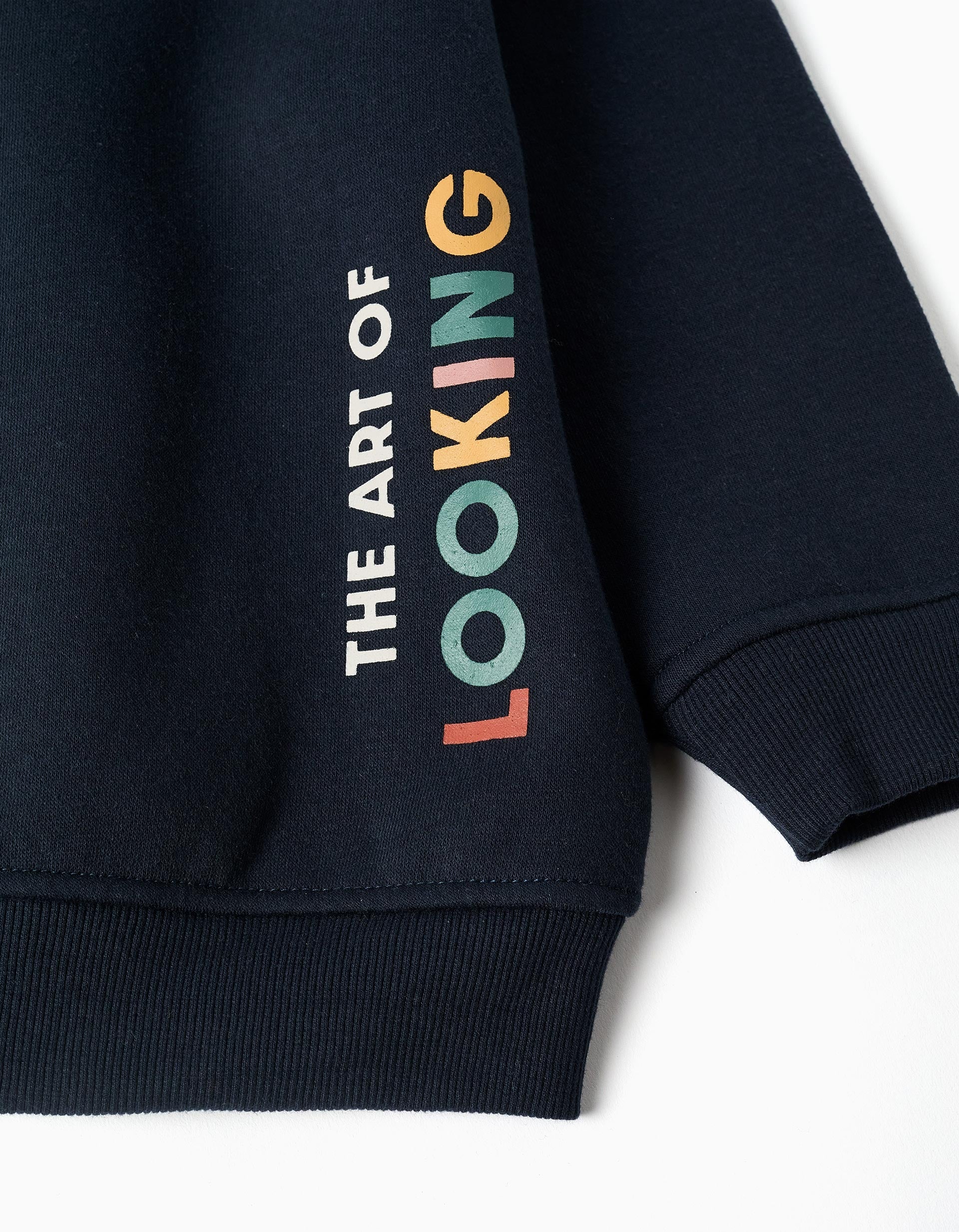 Navy Blue Brushed Hooded Jacket with Print for Boys
