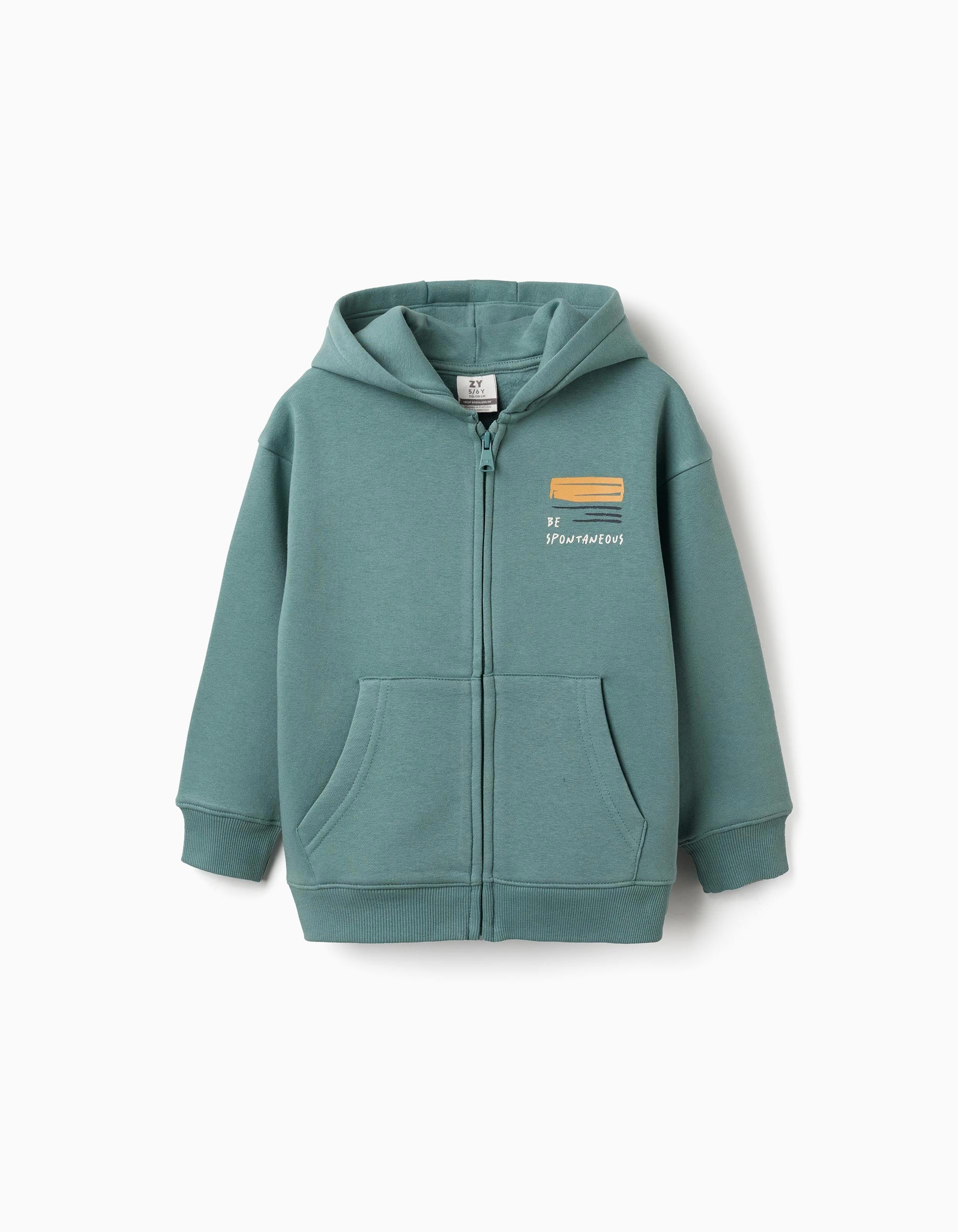 Blue-Green Brushed Hooded Jacket with Print for Boys