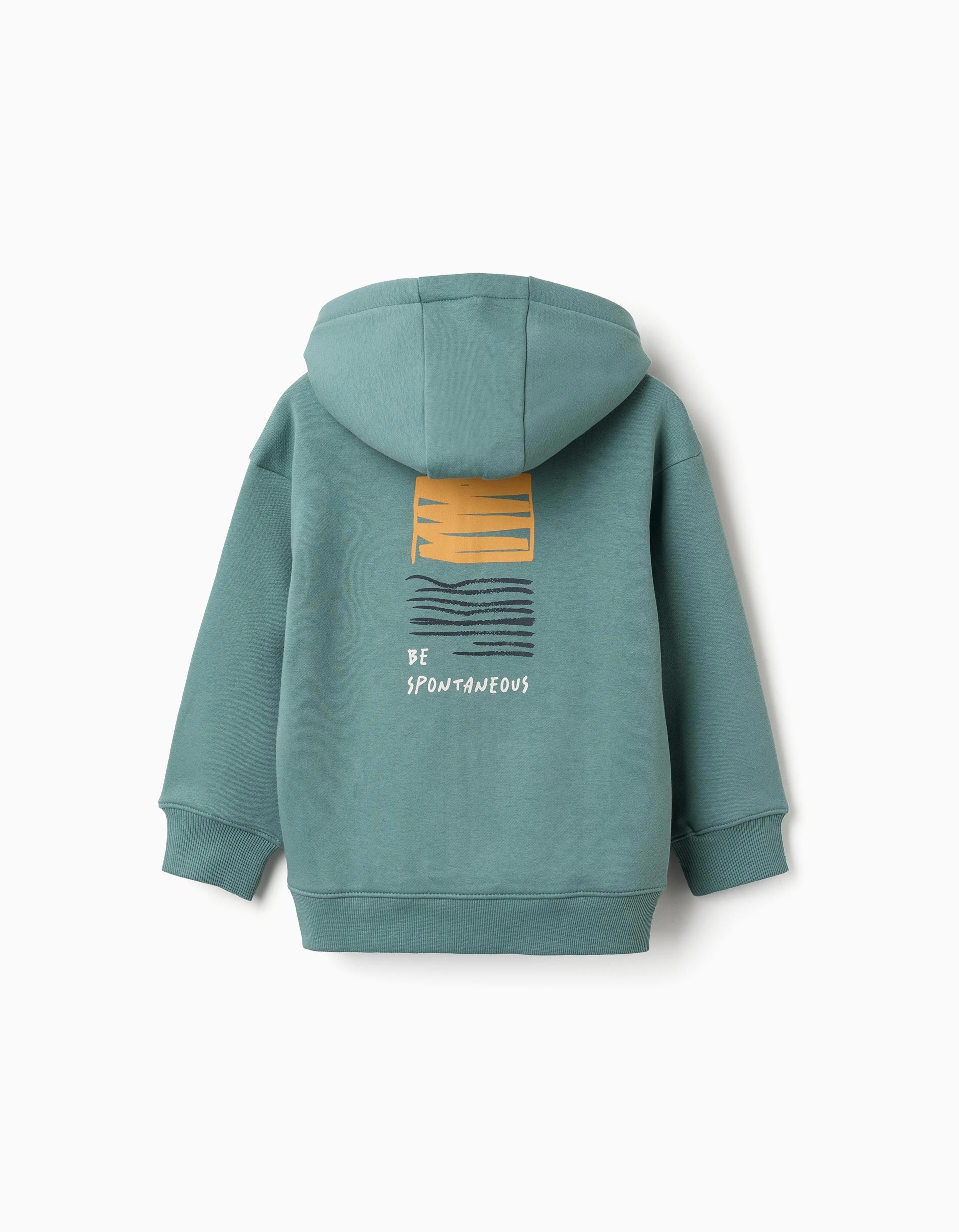 Blue-Green Brushed Hooded Jacket with Print for Boys