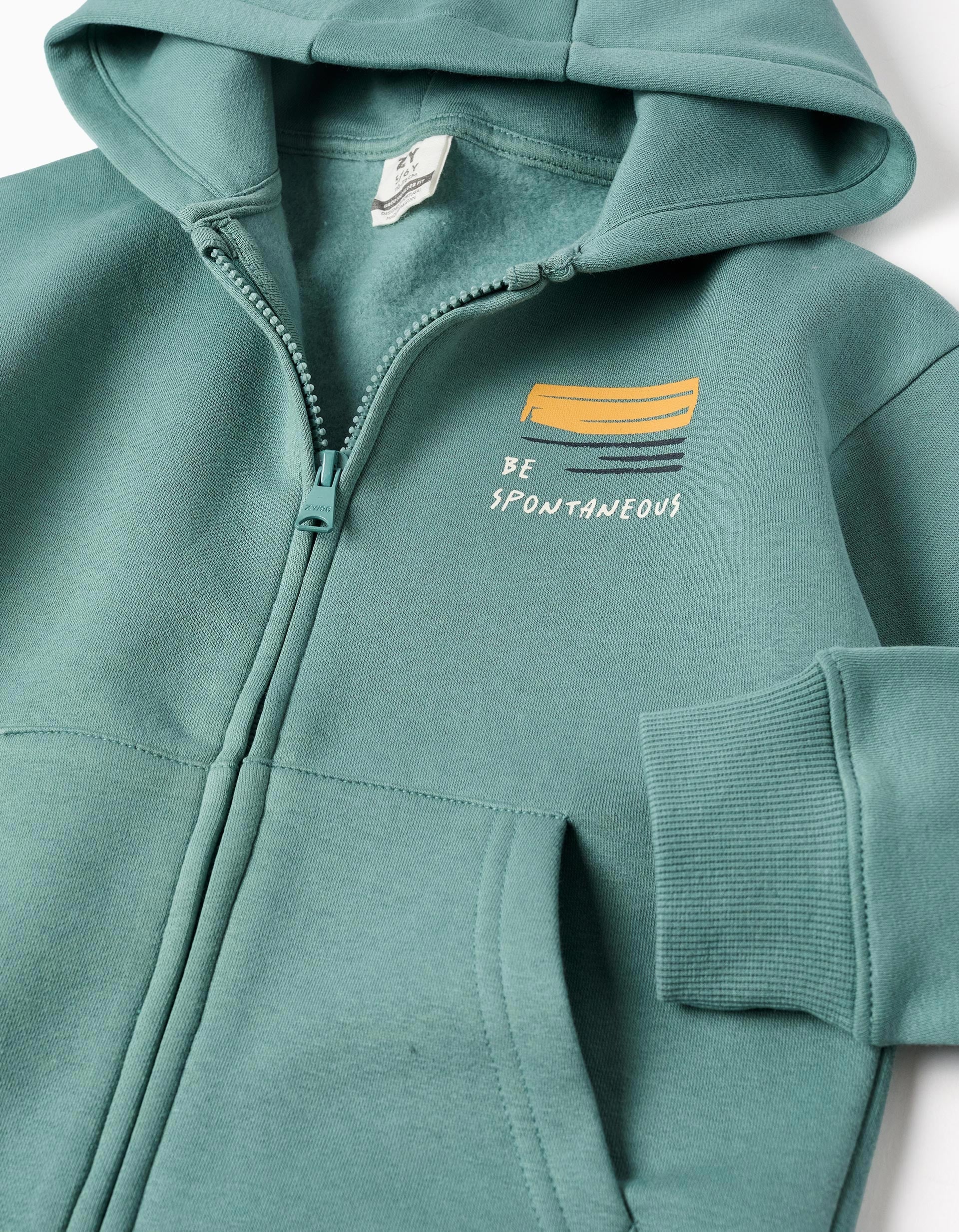 Blue-Green Brushed Hooded Jacket with Print for Boys