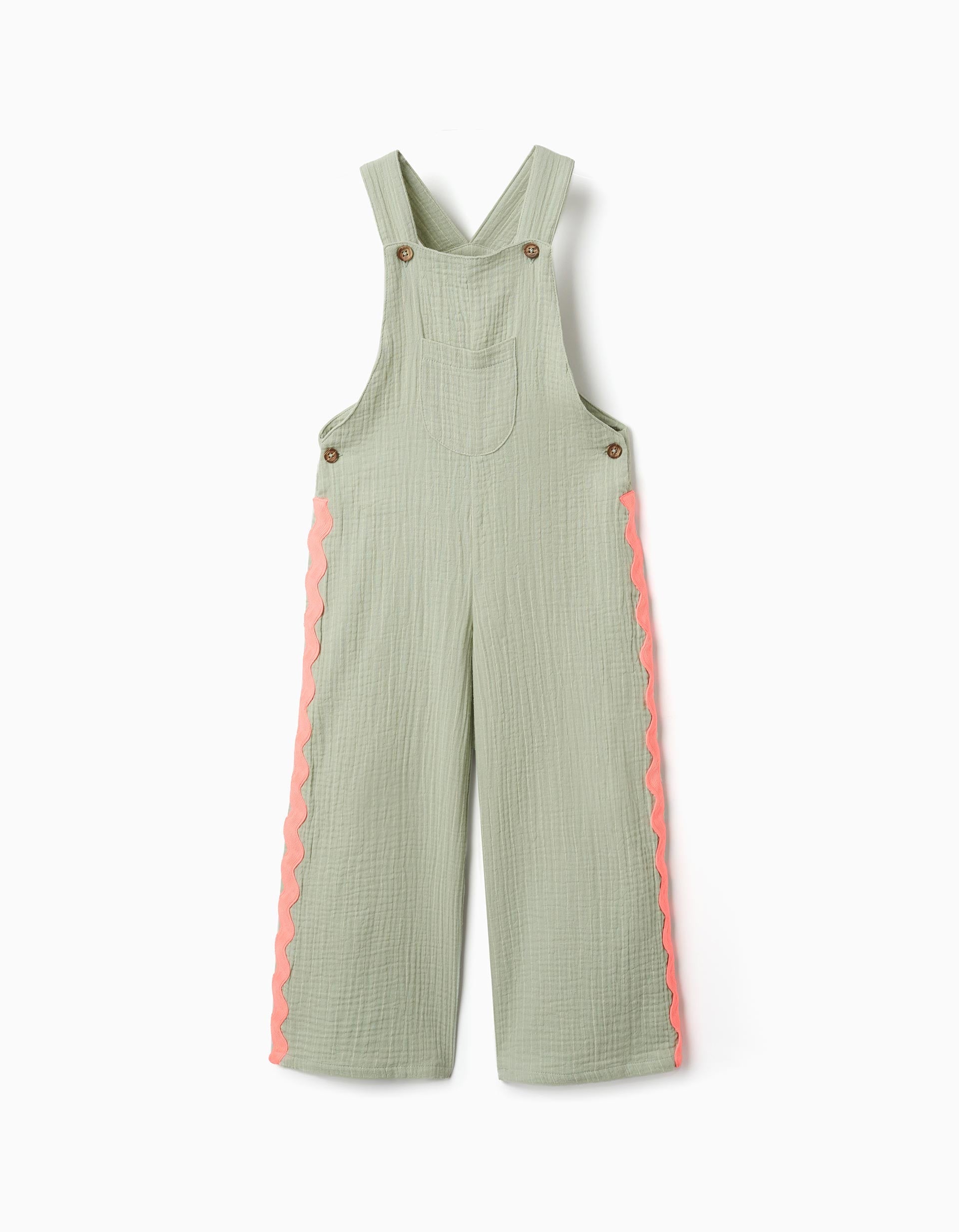 Cotton dungarees with ric rac tape for girls, green/neon coral