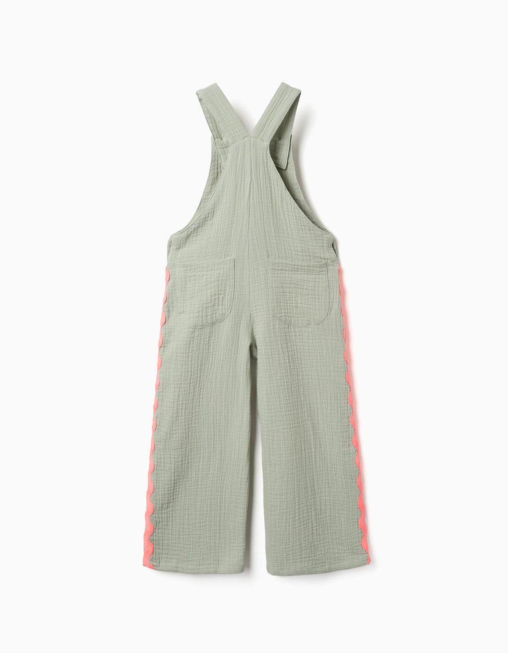 Cotton dungarees with ric rac tape for girls, green/neon coral