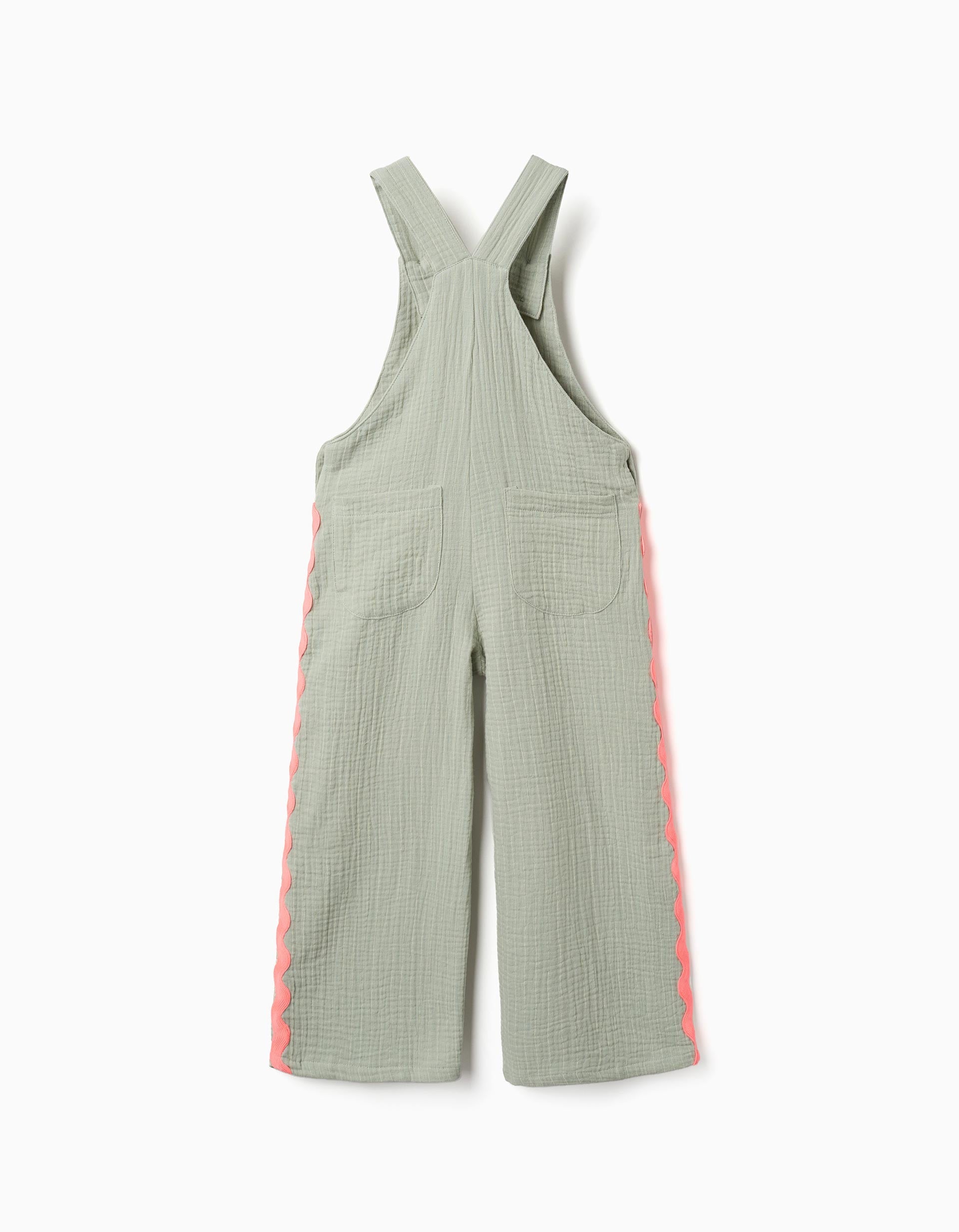 Cotton dungarees with ric rac tape for girls, green/neon coral