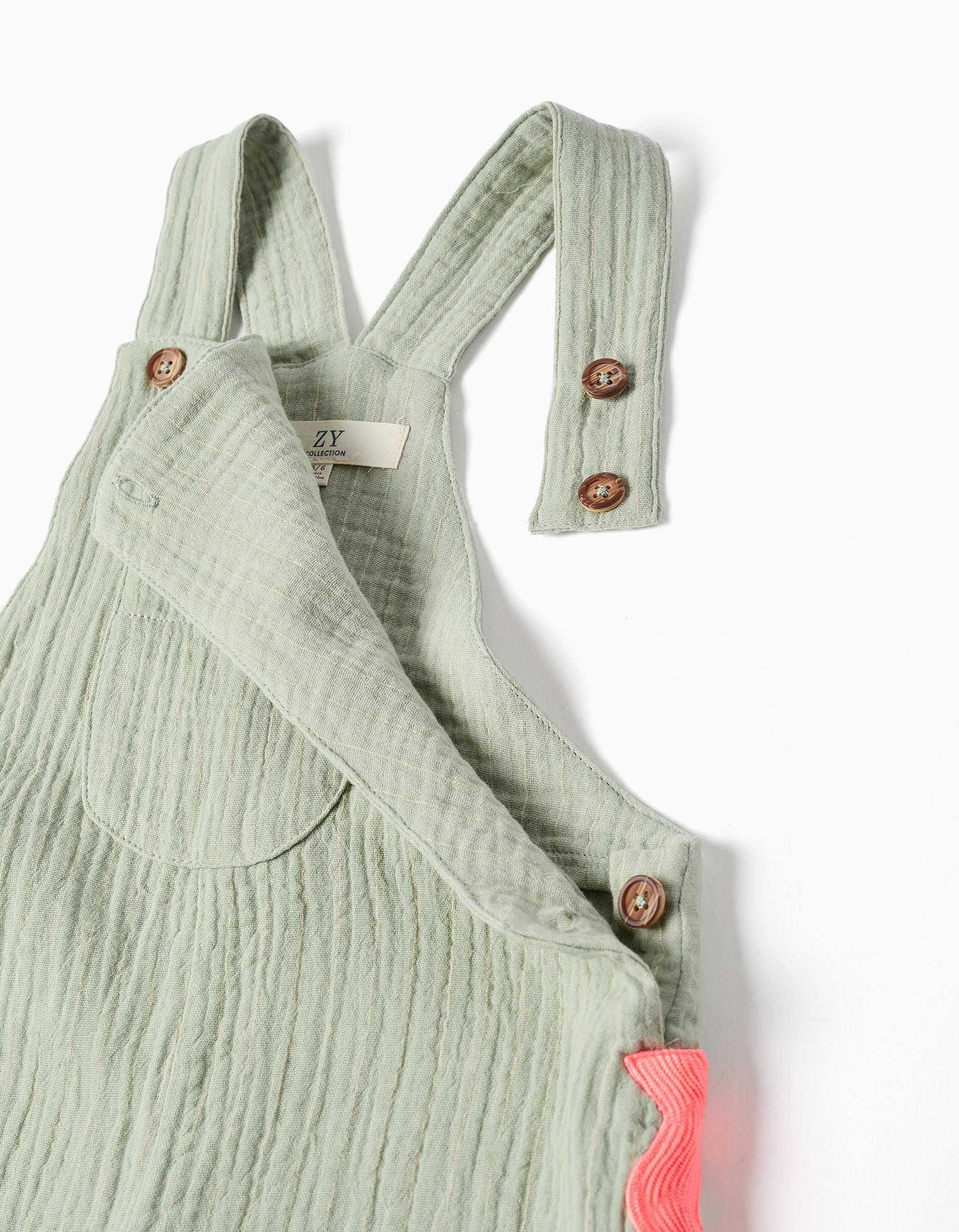 Cotton dungarees with ric rac tape for girls, green/neon coral