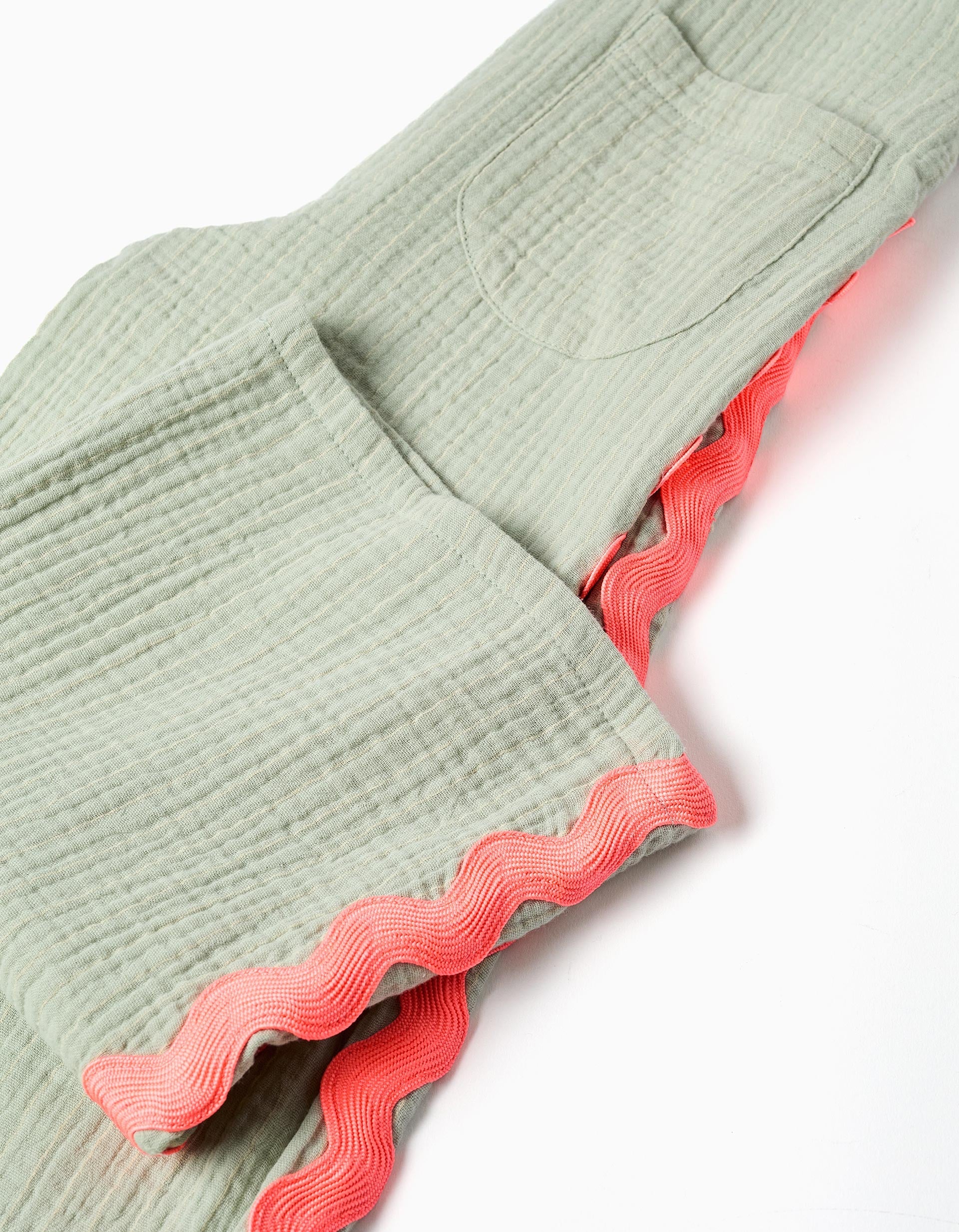 Cotton dungarees with ric rac tape for girls, green/neon coral