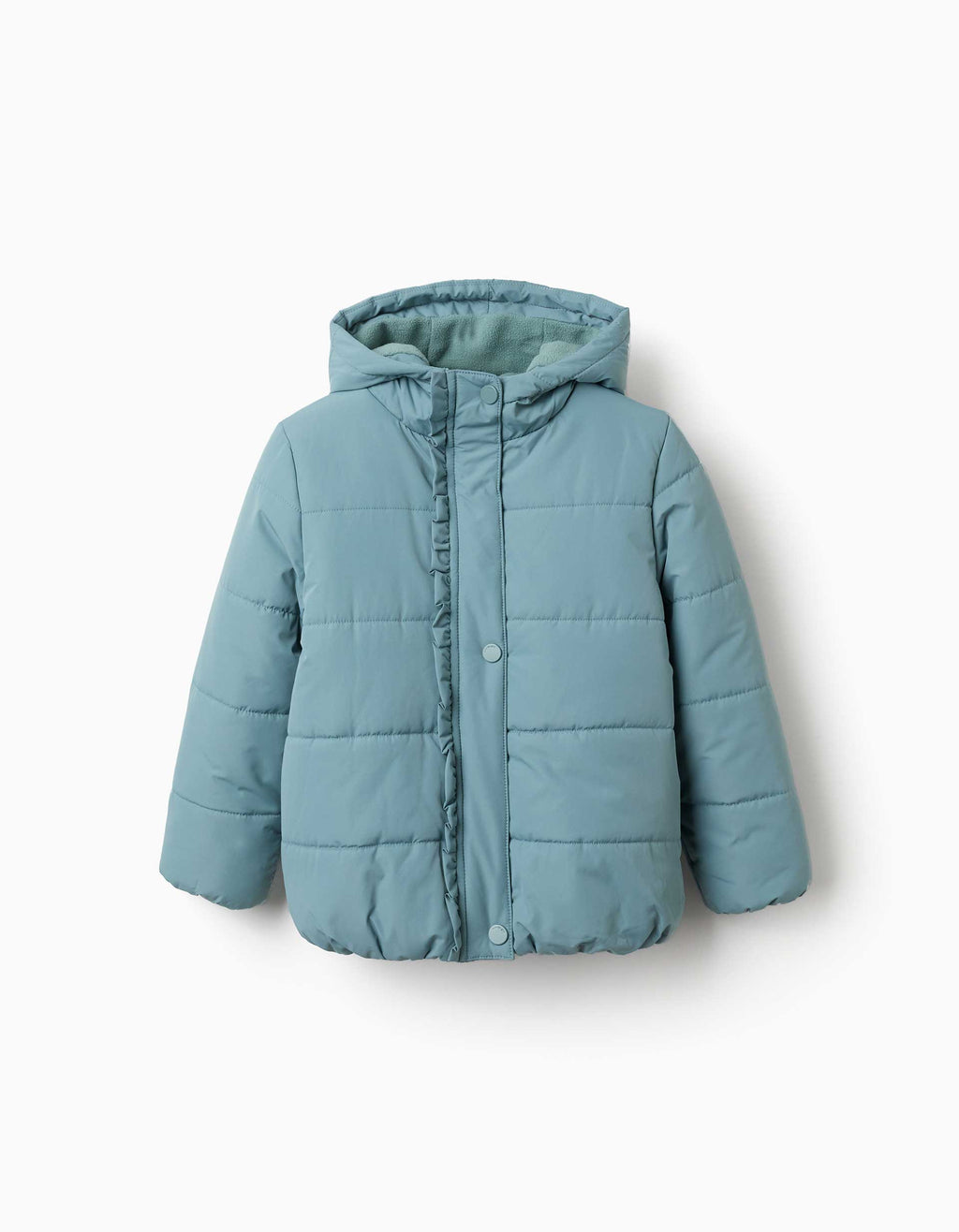 Hooded puffer jacket with polar fleece lining for girls, blue-green