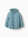 Hooded puffer jacket with polar fleece lining for girls, blue-green