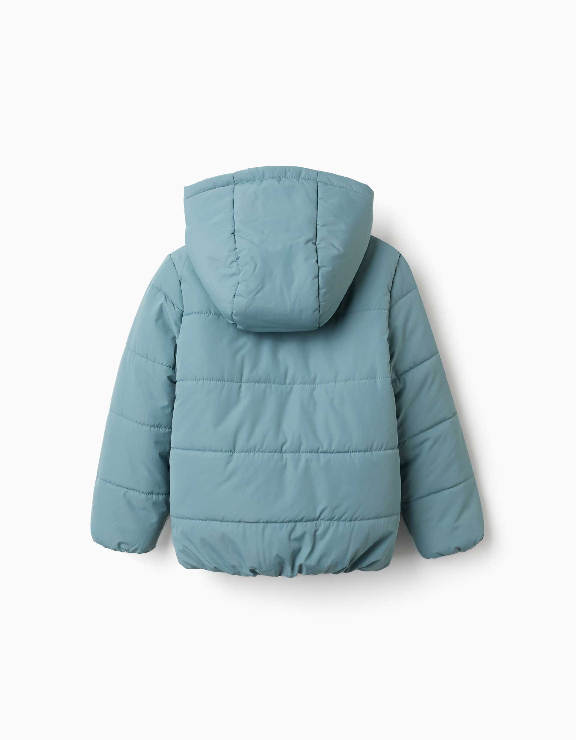 Hooded puffer jacket with polar fleece lining for girls, blue-green
