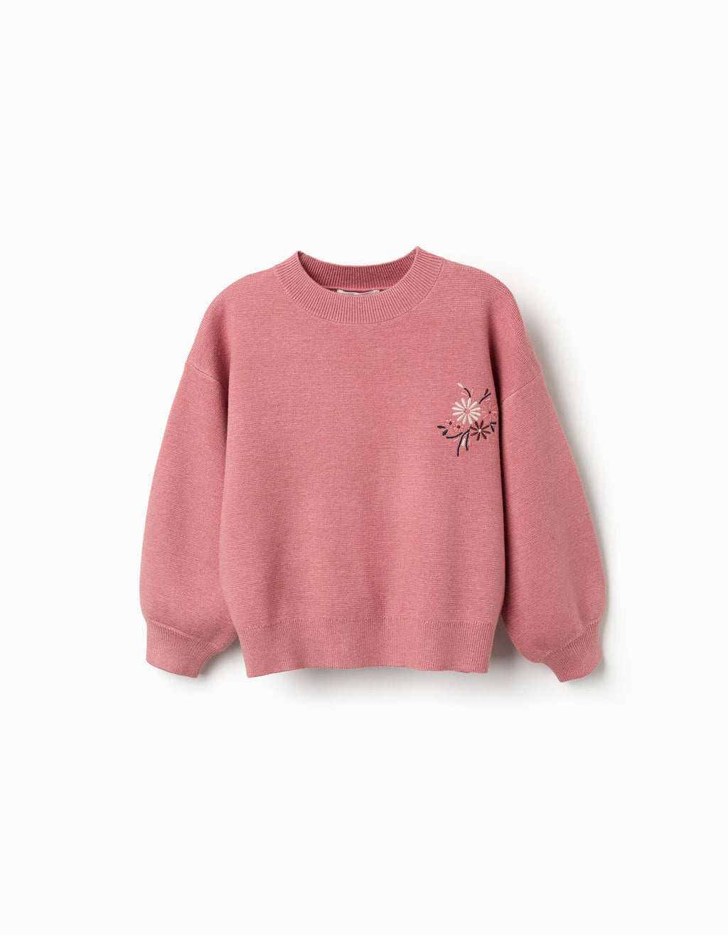 Knitted jumper with embroidered flowers for girls, pink