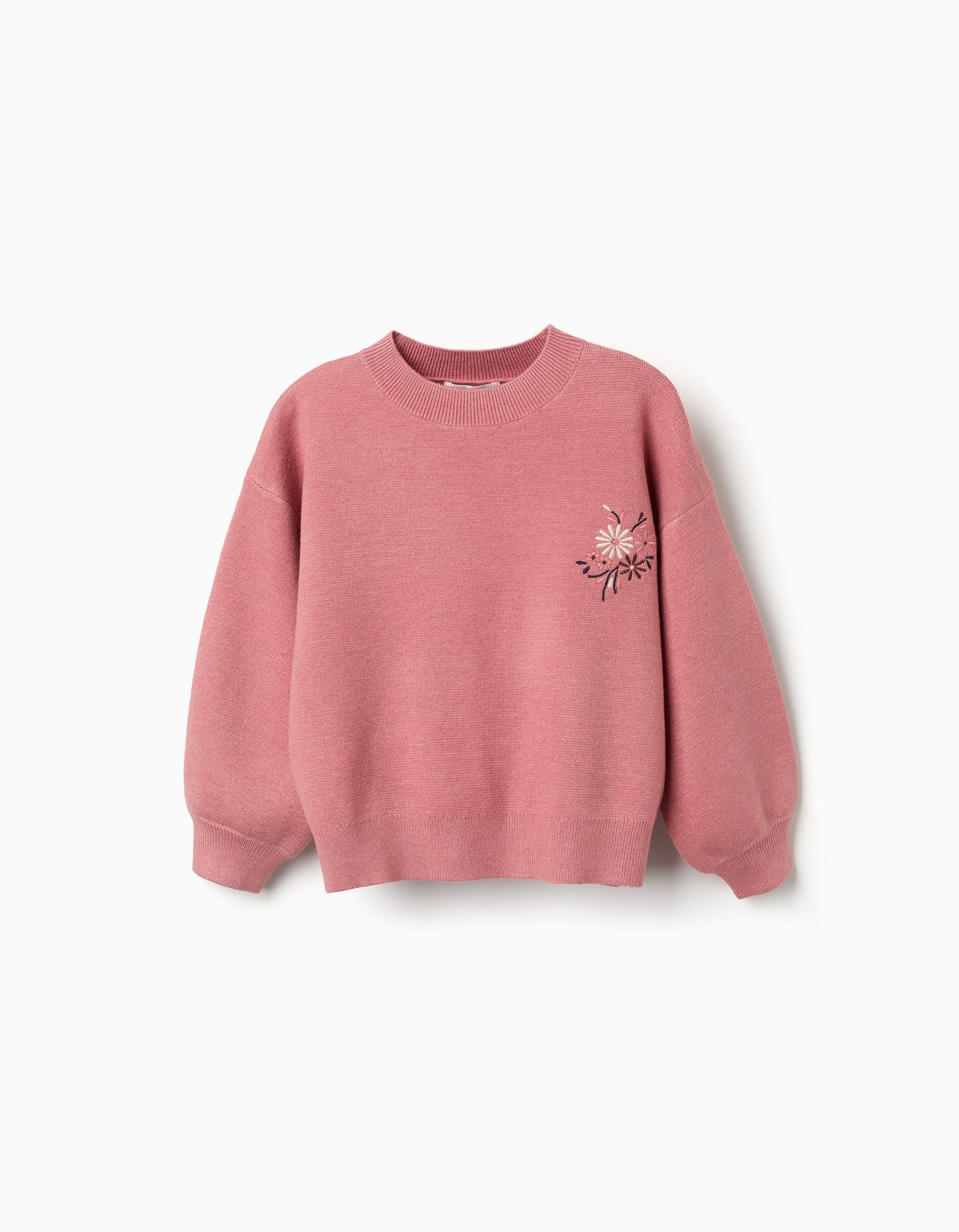Knitted jumper with embroidered flowers for girls, pink